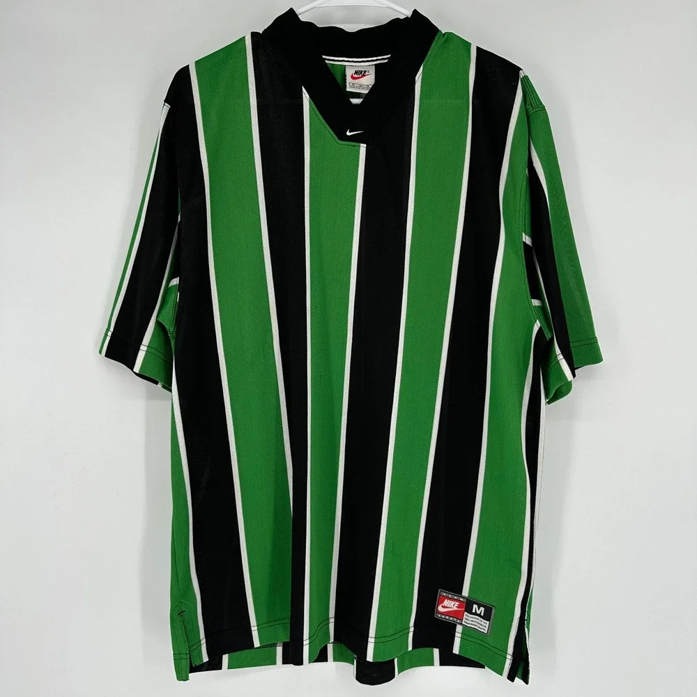 Vintage 90s Nike Team Soccer Striped Jersey Green Black White Mesh Mens Medium